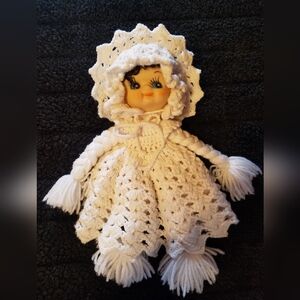 Handmade Crochet Doll with White Outfit, Brown Hair, Blue Eyes